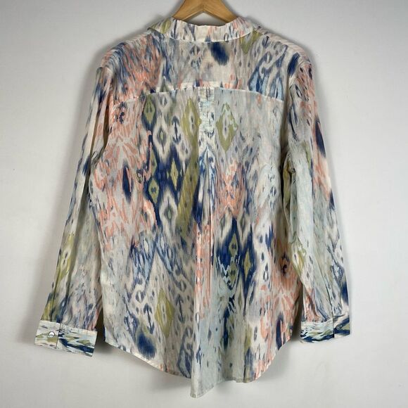 Chico's Watercolor Ikat Blue Green‎ Cotton Button Down Shirt Lightweight Size L - Picture 8 of 14